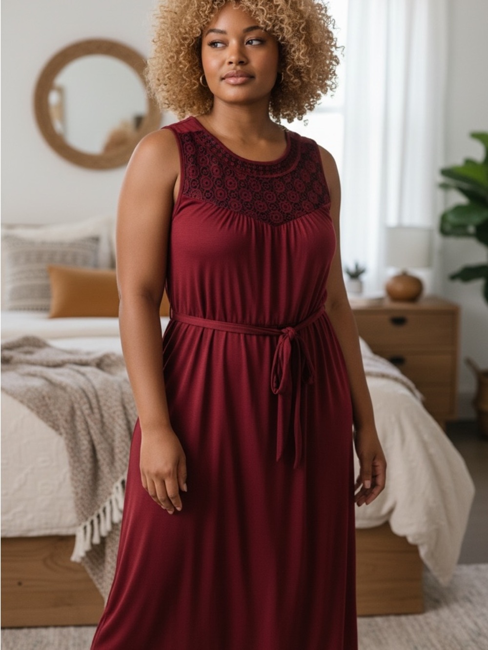 Lane Bryant Burgundy Maxi Dress with Lace Yoke - Picture 1 of 12